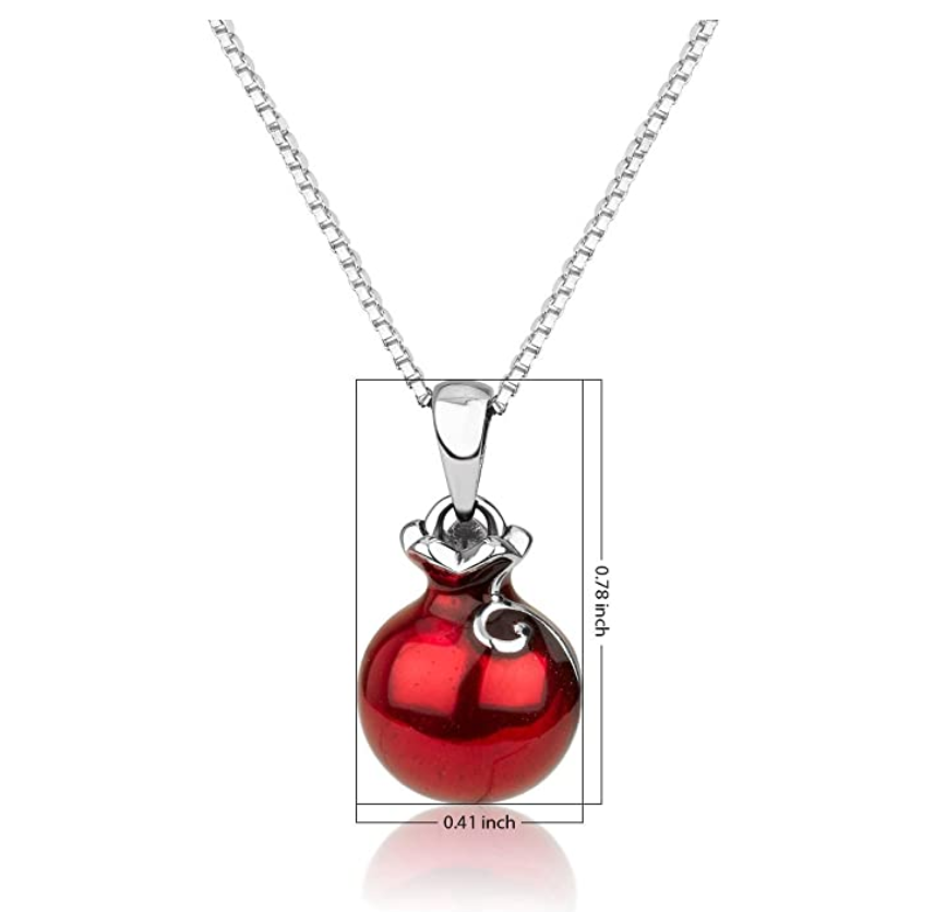 Red Pomegranate Pendant Pomegranate Fruit 925 Sterling Silver Hebrew Necklace Jewish Jewelry 24in.