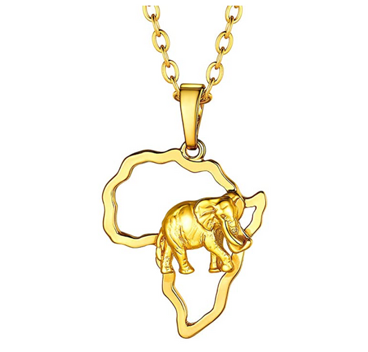 African Elephant Pendant Gold Color Metal Alloy African Jewelry Elephant Silver Necklace Africa Map Chain 22in.