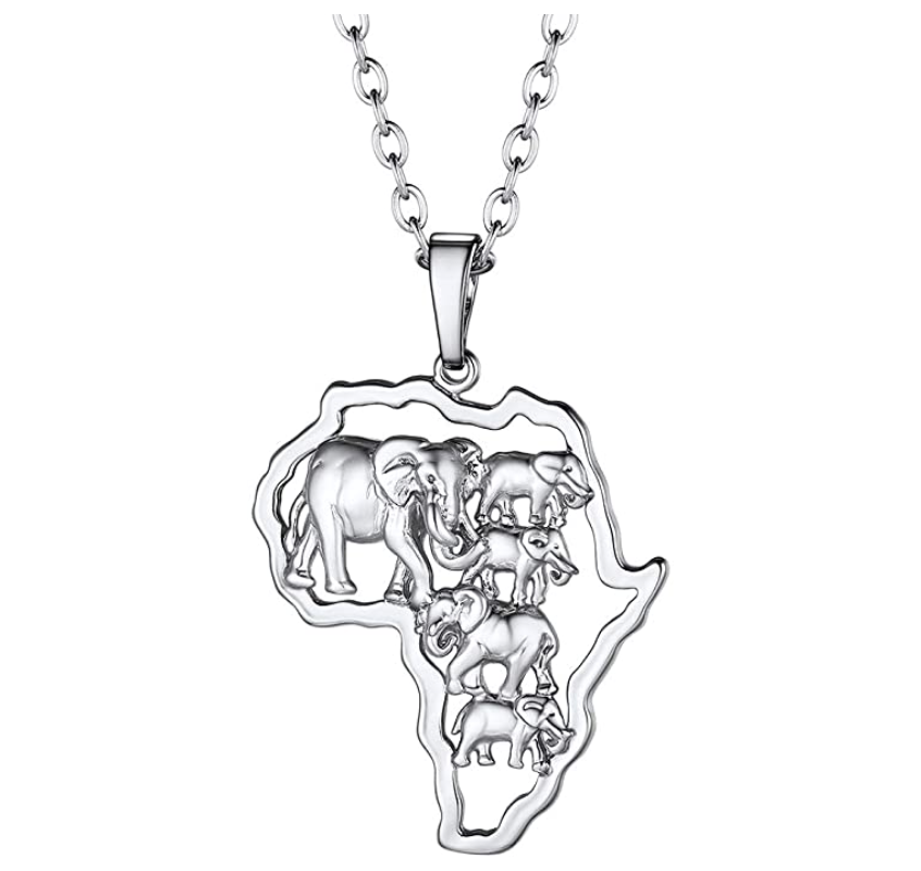 Elephant Pendant Gold Color Metal Alloy African Jewelry Elephant Family Silver Necklace Africa Map Chain 22in.