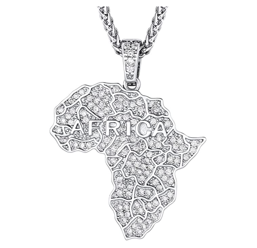Simulated Diamond Africa Map Pendant Gold Color Metal Alloy African Jewelry Egypt Silver Hip Hop Necklace Africa Map Chain 24in.