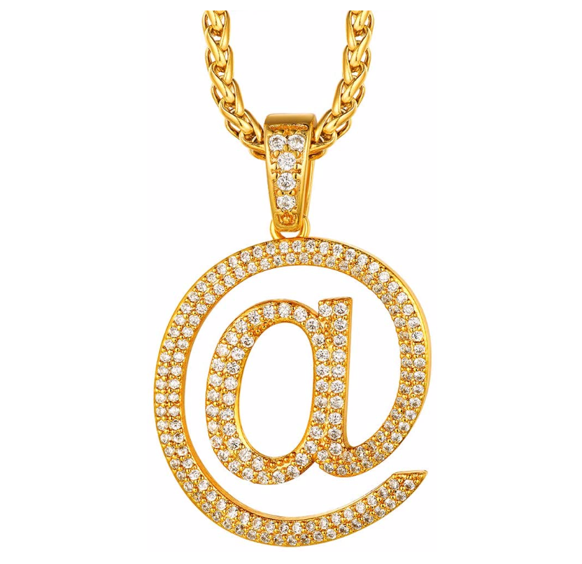 At @ Pendant Simulated Diamond Gold Color Metal Alloy Hip Hop Jewelry AT Sign Necklace Text Emoji A Chain 24in.