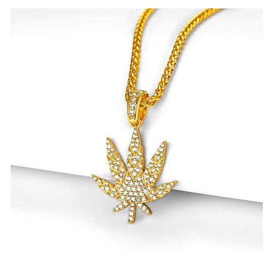 Weed Pendant Gold Color Metal Alloy Hip Hop 420 Jewelry Simulated Diamond Necklace Weed Leaf Chain Iced Out 24in.