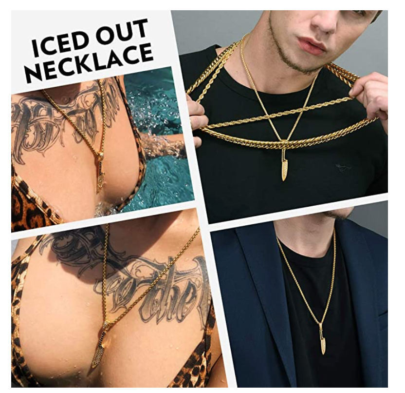 Knife Pendant Gold Color Metal Alloy Hip Hop Chef Jewelry Simulated Diamond Cook Necklace Knife Party Chain Iced Out 24in.