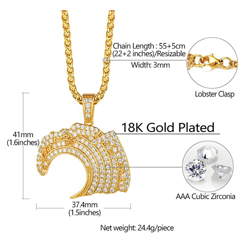 Wave Pendant Gold Color Metal Alloy Hip Hop Beach Jewelry Drip Surfer Simulated Diamond Hawaiian Necklace Water Wave Island Chain Iced Out 24in.