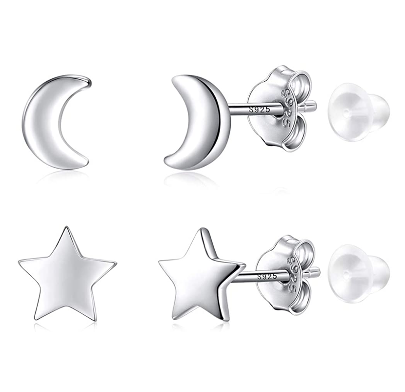 5mm Star Moon Earring Silver Color Metal Alloy Star Earring Womens Small Moon Crescent Earrings (2 Pair)