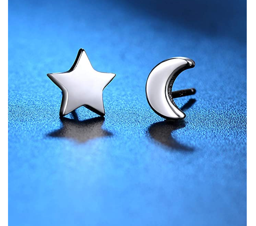 5mm Star Moon Earring Silver Color Metal Alloy Star Earring Womens Small Moon Crescent Earrings (2 Pair)