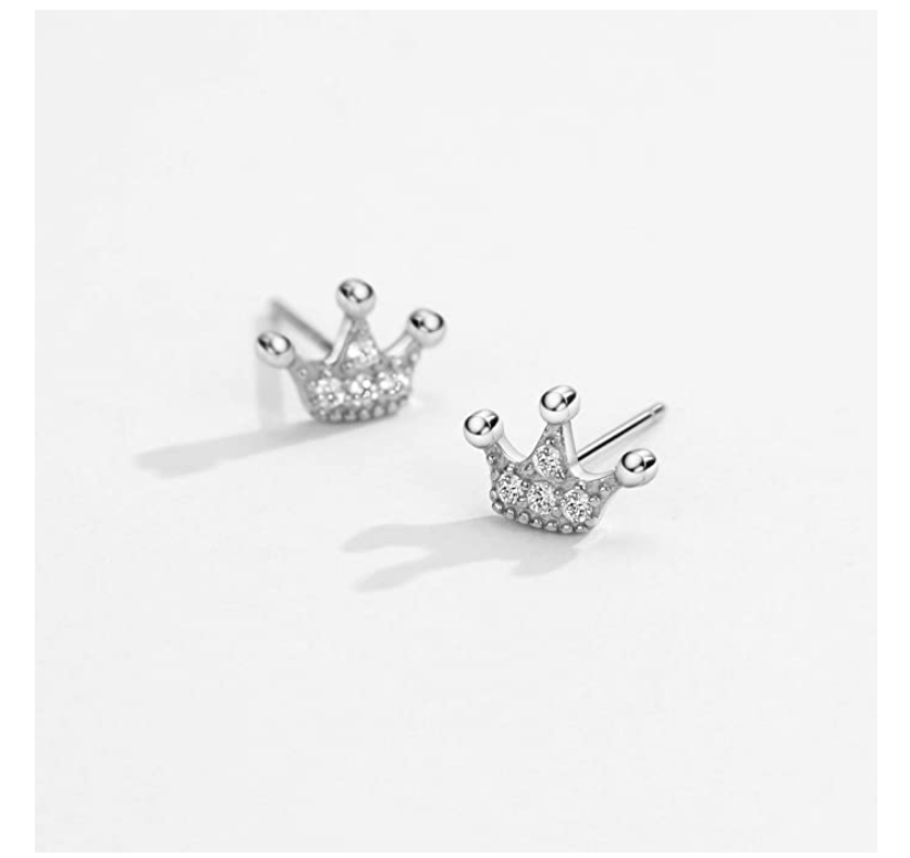6mm Gold 925 Sterling Silver Small Crown Earring Diamond Stud Hip Hop King Queen Jewelry