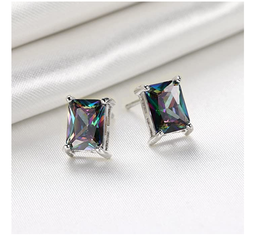 7mm Multi-Color Opal Earring Simulated-Diamond Stud 925 Sterling Silver Earring Round Cluster Womens Earrings Square Princess Cut Emerald Baguette