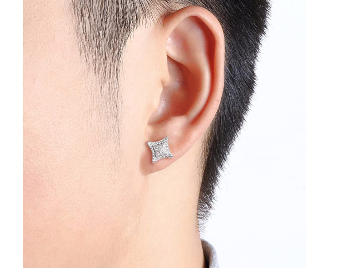 7mm 925 Sterling Silver Square Diamond Earring Hip Hop Mens Women Iced Out Kite Earrings Screw Back