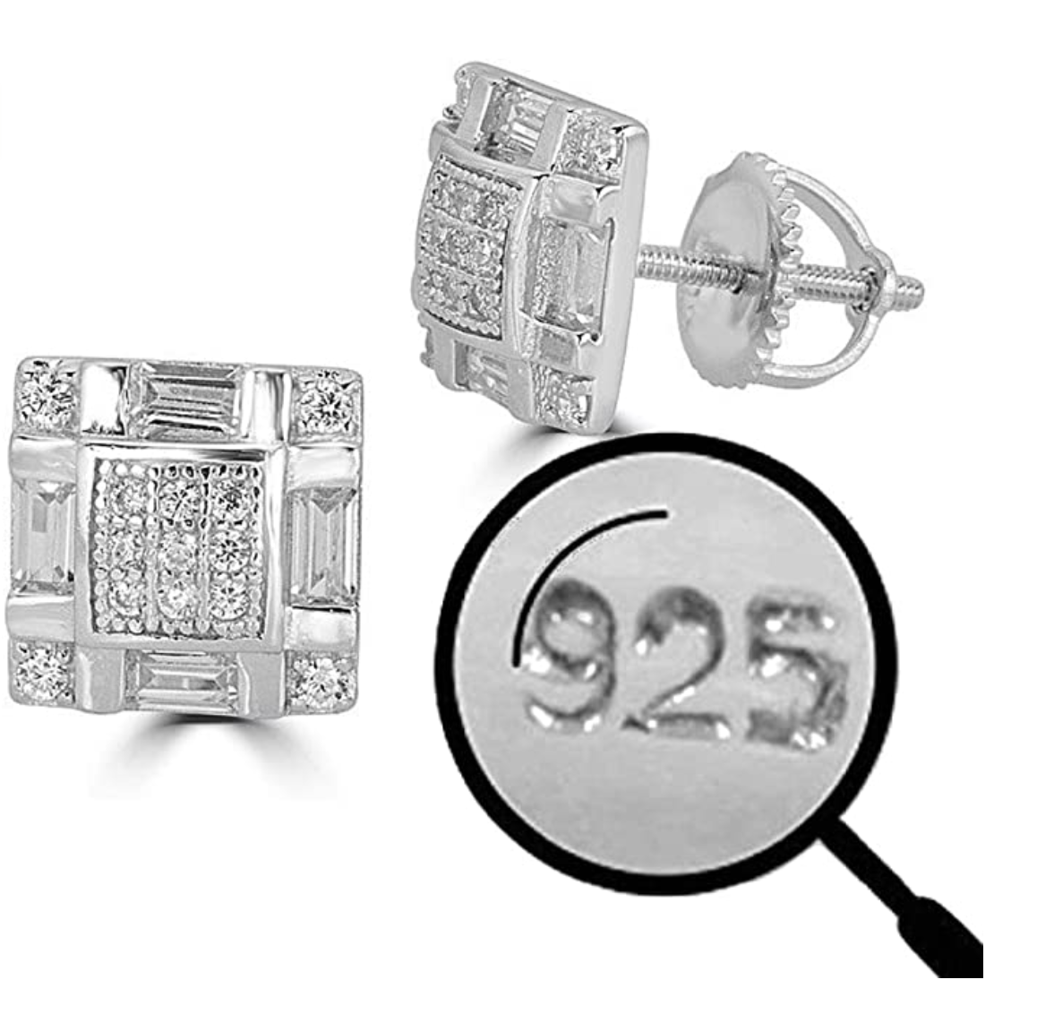 9mm 925 Sterling Silver Square Earrings Mens Womens Hip Hop Iced Out Screw Back Earring