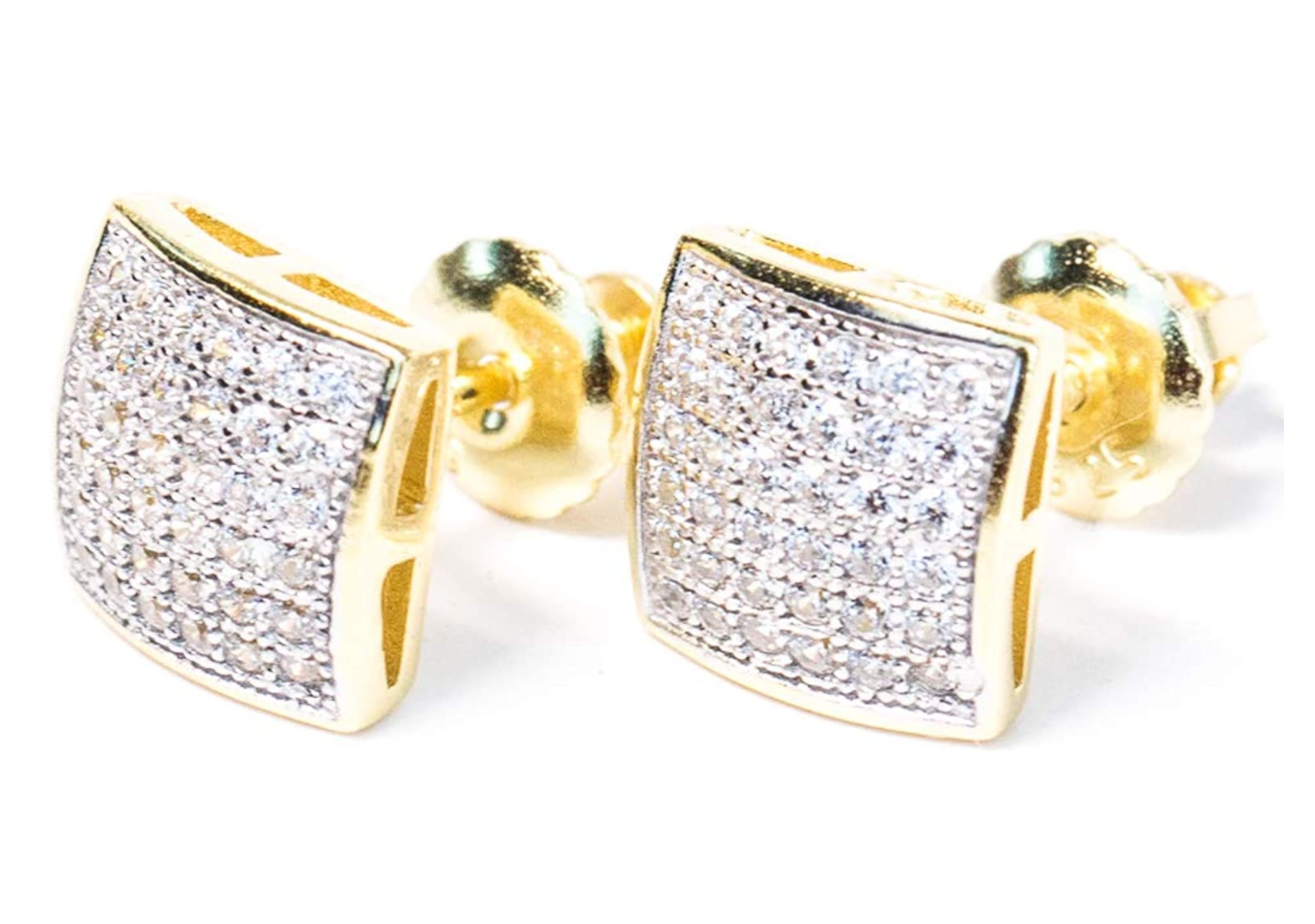 8mm 925 Gold Sterling Silver Box Square Diamond Earrings Hip Hop Mens Women Screw Back Iced Out