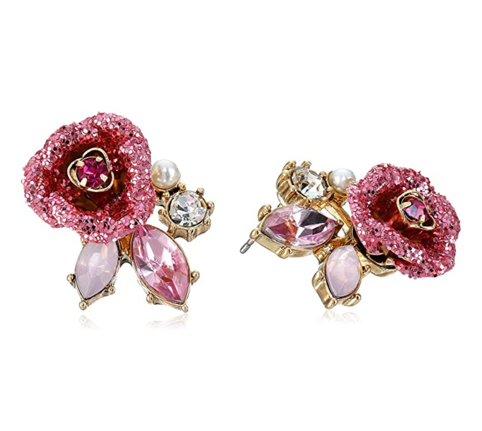 Large Rose Flower Earrings Stud Gold Color Metal Alloy Flower Earring Bridal Red Flower Pink Simulated-Crystal Wedding Earrings