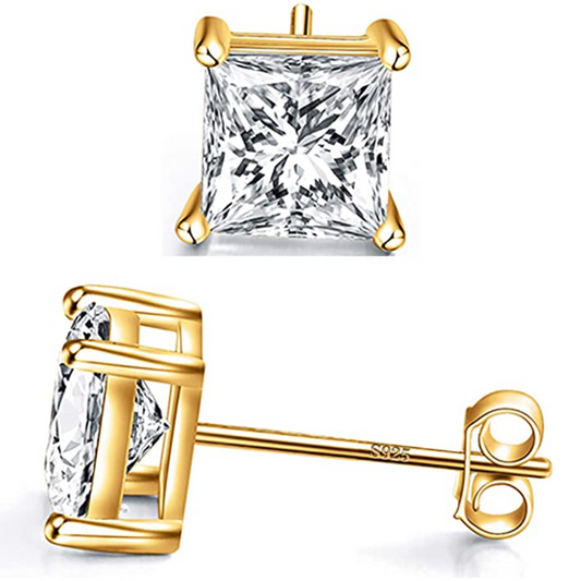 7mm 925 Sterling Silver Gold Stud Earring Square Diamond Mens Womens Rose Gold Princess Cut (4ct.)