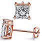 7mm 925 Sterling Silver Gold Stud Earring Square Diamond Mens Womens Rose Gold Princess Cut (4ct.)