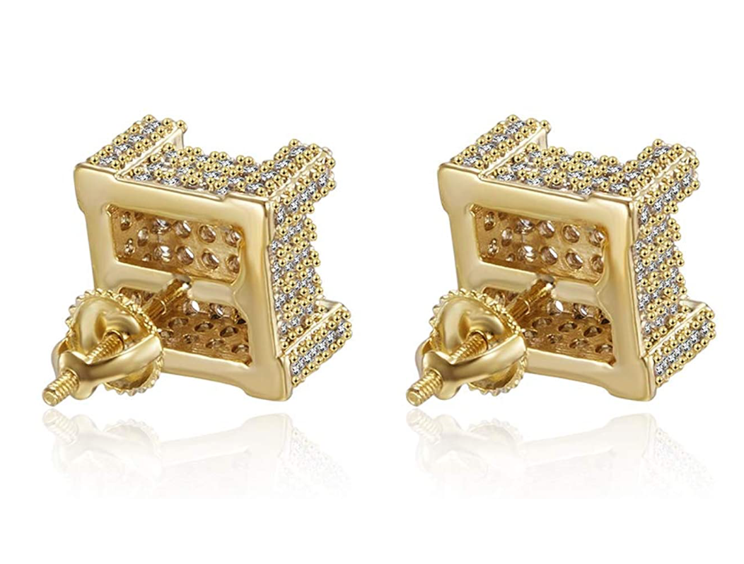 10mm Square Box Gold 925 Sterling Silver Big Diamond Earrings Hip Hop Mens Screw Back Earrings Iced Out