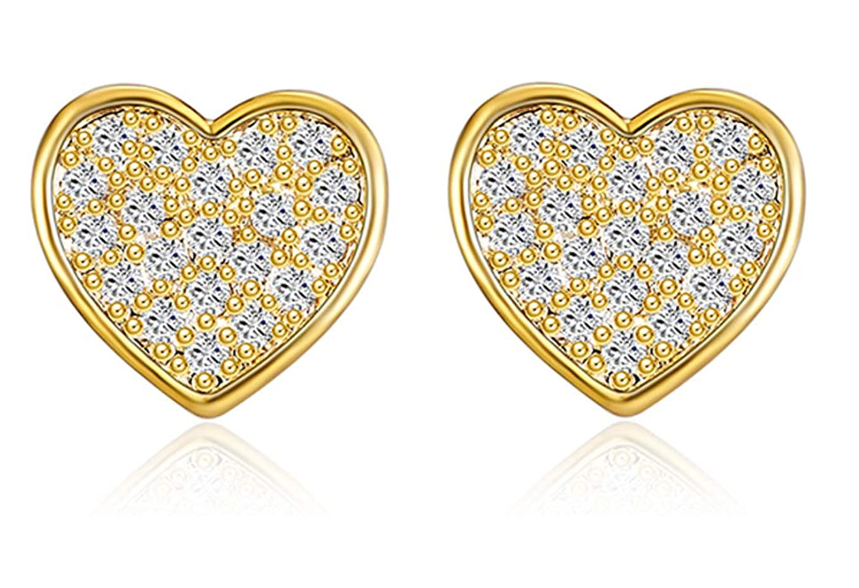 6mm 925 Sterling Silver Heart Earrings Gold Diamond Screw Back Womens Earrings
