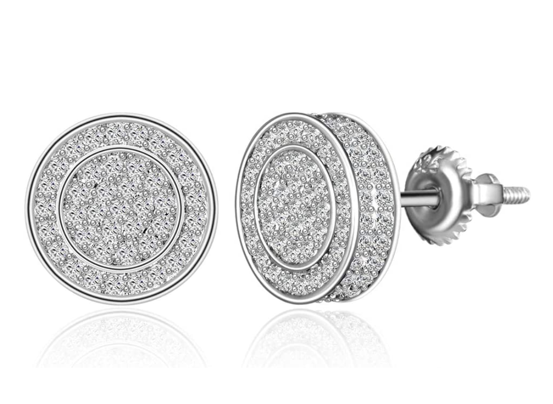 12mm 925 Sterling Silver Big Round Mens Earring Diamond Screw Back Earrings Hip Hop Iced Out