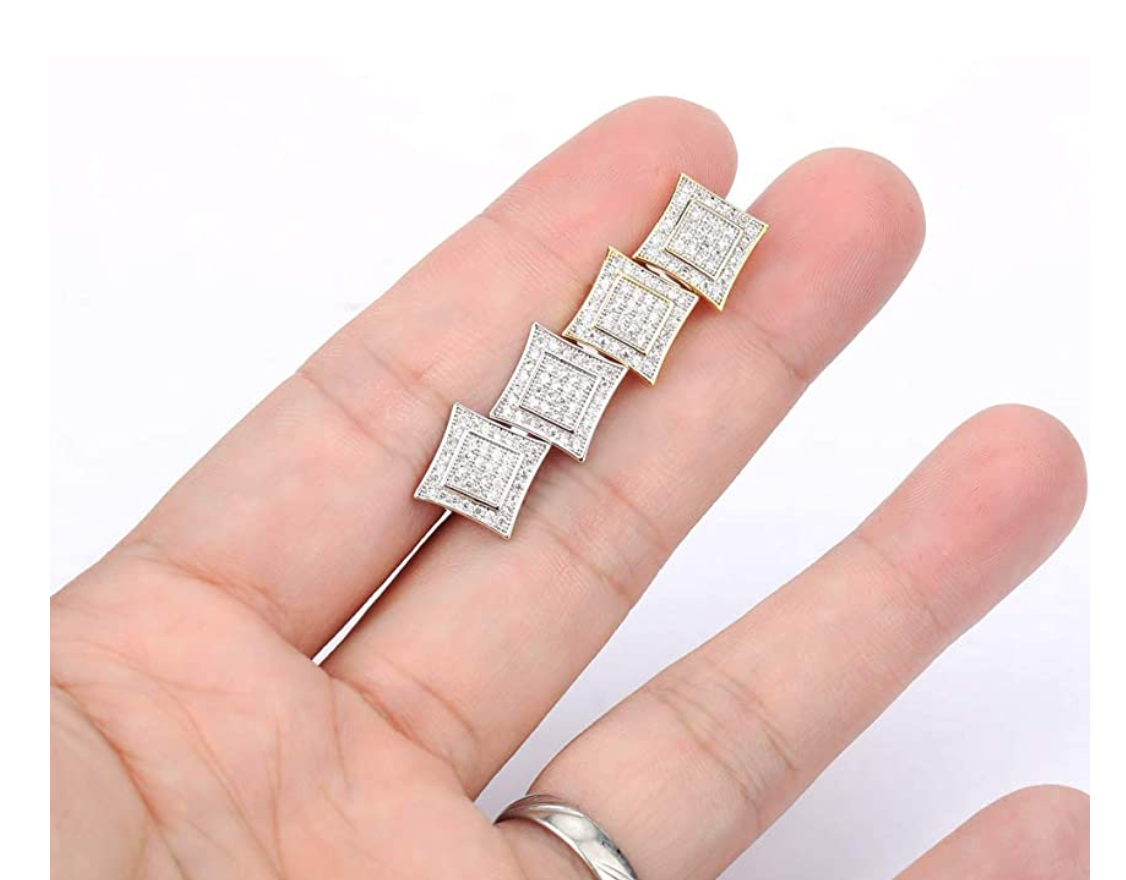 9mm Gold 925 Sterling Silver Large Square Kite Earrings Hip Hop Diamond Mens Women Earring Screw Back Iced Out