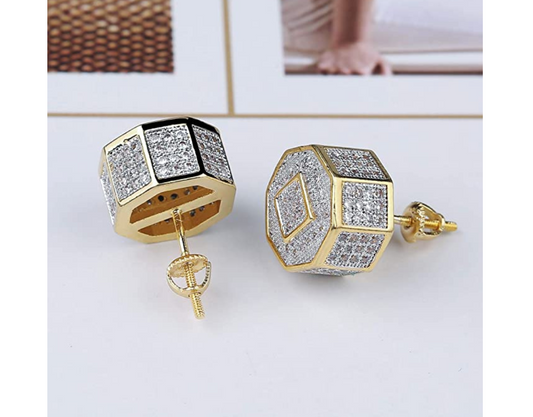9mm Gold 925 Sterling Silver Octagonal Square Cube Earrings Hip Hop Mens Women Screw Back Earring Iced Out