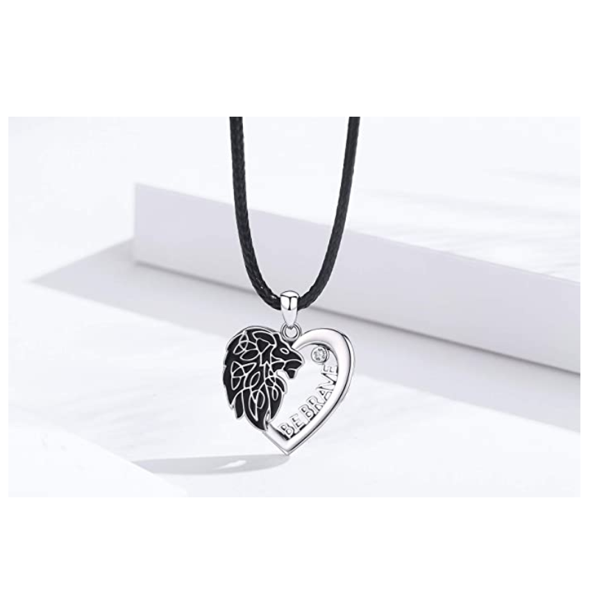 Celtic Lion Medallion Necklace African Lion Head Chain Simulated-Diamond Lion Jewelry Leo Judah Lion Heart Chain Silver Color Metal Alloy 24in.