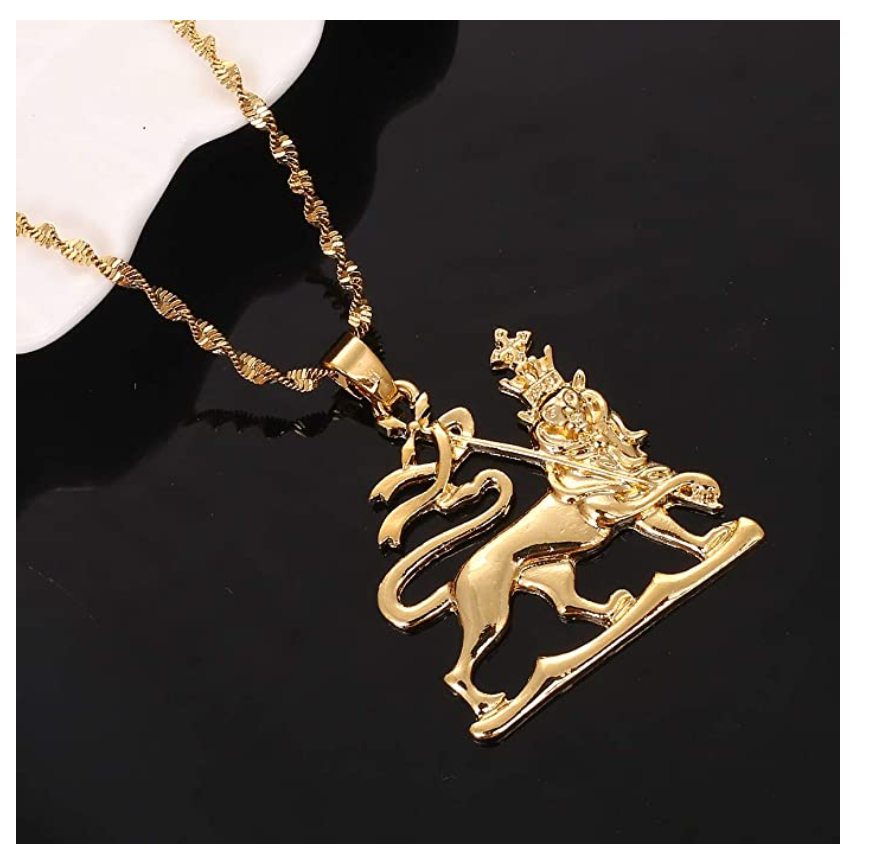 Ethiopian Lion King Lion Necklace African Lion Chain Judah Lion Crown Hebrew Jewelry Lion Leo Chain Gold Color Metal Alloy 20in.
