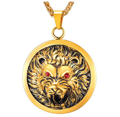Lion Medallion Necklace Leo African Lion Head Chain Judah Lion Jewelry Hebrew Roaring Gold Lion Chain Silver Color Metal Alloy 24in.