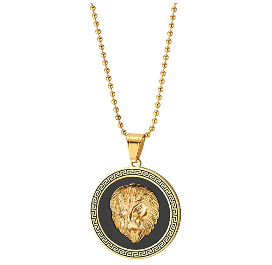 Lion Medallion Necklace African Lion Head Chain Simulated Diamond Judah Lion Leo Jewelry Hebrew Roaring Gold Silver Color Metal Alloy Lion Chain 30in.
