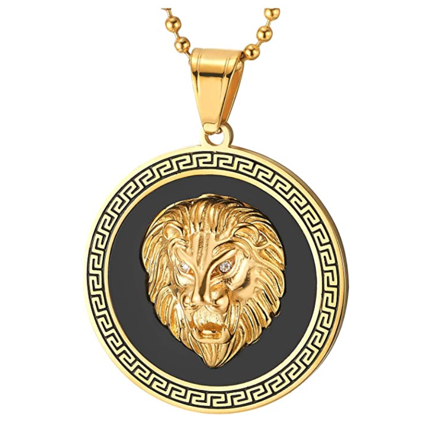 Lion Medallion Necklace African Lion Head Chain Simulated Diamond Judah Lion Leo Jewelry Hebrew Roaring Gold Silver Color Metal Alloy Lion Chain 30in.