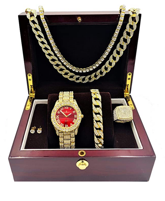 Red Face Watch Set Gold Color Simulated Diamond Earring Necklace Cuban Link Blue Bracelet Tennis Chain Ring Gift Bundle