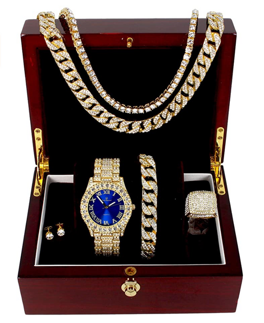 Red Face Watch Set Gold Color Simulated Diamond Earring Necklace Cuban Link Blue Bracelet Tennis Chain Ring Gift Bundle