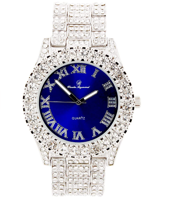 Blue Face Watch Gold Color Simulated Diamond Watch Luxury Jewelry Hip Hop Watch Bust Down Roman Numerals Bling Blue Dial