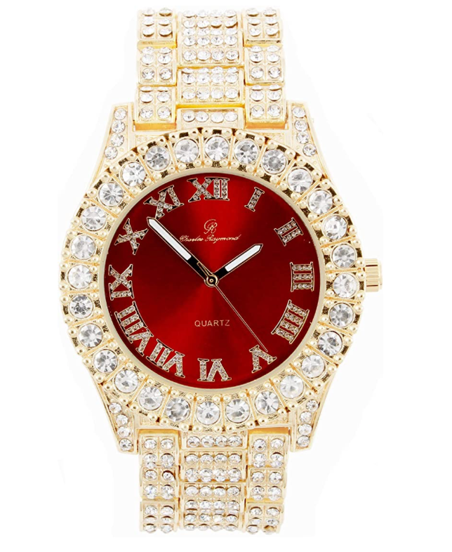 SILVER COLOR WATCH SIMULATED DIAMOND BLUE FACE LUXURY JEWELRY HIP HOP WATCH GREEN DIAL RED BUST DOWN ROMAN NUMERALS BLING