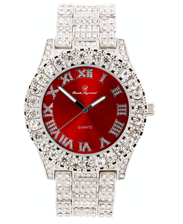 Red Face Silver Gold Color Simulated Diamond Watch Hip Hop Bust Down Bling Jewelry Roman Numeral Dail