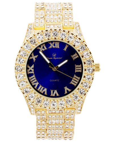 Blue Face Watch Gold Color Simulated Diamond Watch Luxury Jewelry Hip Hop Watch Bust Down Roman Numerals Bling Blue Dial