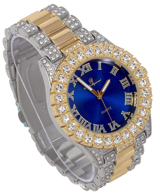 Two-Tone Blue Face Watch Color Simulated Diamond Watch Luxury Jewelry Hip Hop Watch Bust Down Roman Numerals Bling Blue Dial