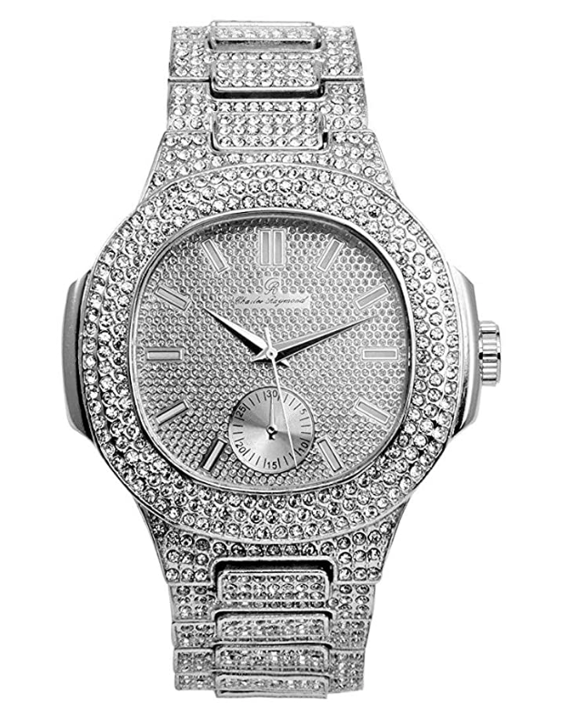 Silver Tone Luxury Watch Simulated Diamond Hip Hop Iced Out Watch Red Face Blue Dial Bust Down AP Silver Bling Diamond Jewelry