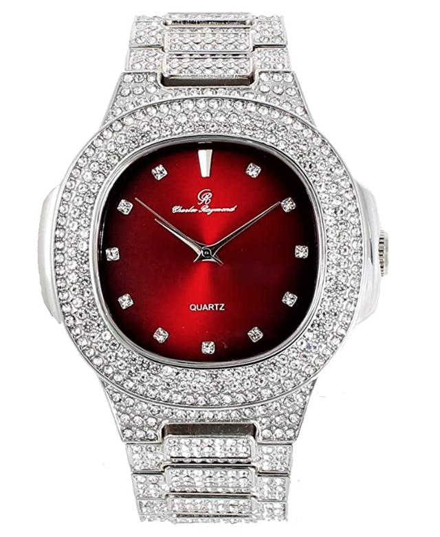Gold Tone Luxury Watch Red Face Simulated Diamond Hip Hop Iced Out Watch Bust Down Blue Dial Bling Jewelry