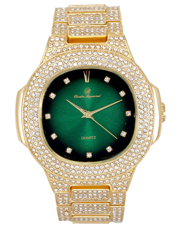 Gold Tone Luxury Watch Red Face Simulated Diamond Hip Hop Iced Out Watch Bust Down Blue Dial Bling Jewelry