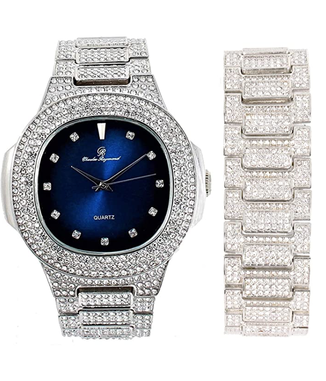 Simulated Diamonds Watch Set Bust Down Hip Hop Silver Gold Color Bracelet Bundle Iced Out Watch Bling Jewelry Gift