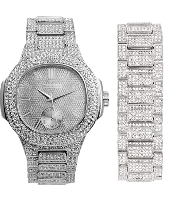 Simulated Diamonds Watch Set Bust Down Hip Hop Silver Gold Color Bracelet Bundle Iced Out Watch Bling Jewelry Gift