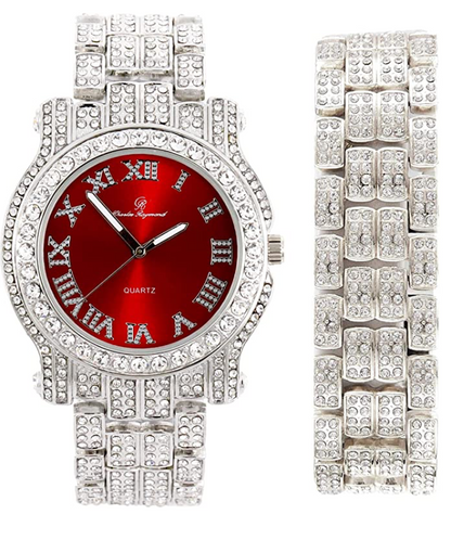 Silver Color Watch Simulated Diamond Luxury Watch Set Bracelet Gold Dial Red Face Hip Hop Watch Iced Out Jewelry Bundle