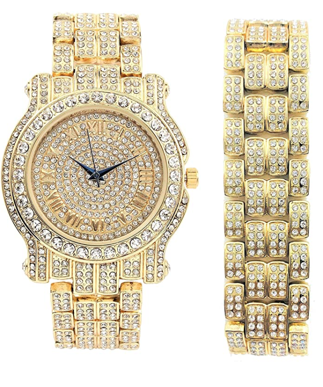 Silver Color Watch Simulated Diamond Luxury Watch Set Bracelet Gold Dial Red Face Hip Hop Watch Iced Out Jewelry Bundle
