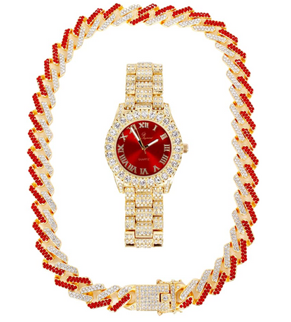 Red Face Watch Gold Color Simulated Diamond Cuban Link Chain Set Spike Necklace Bust Down Hip Hop Watch Bundle
