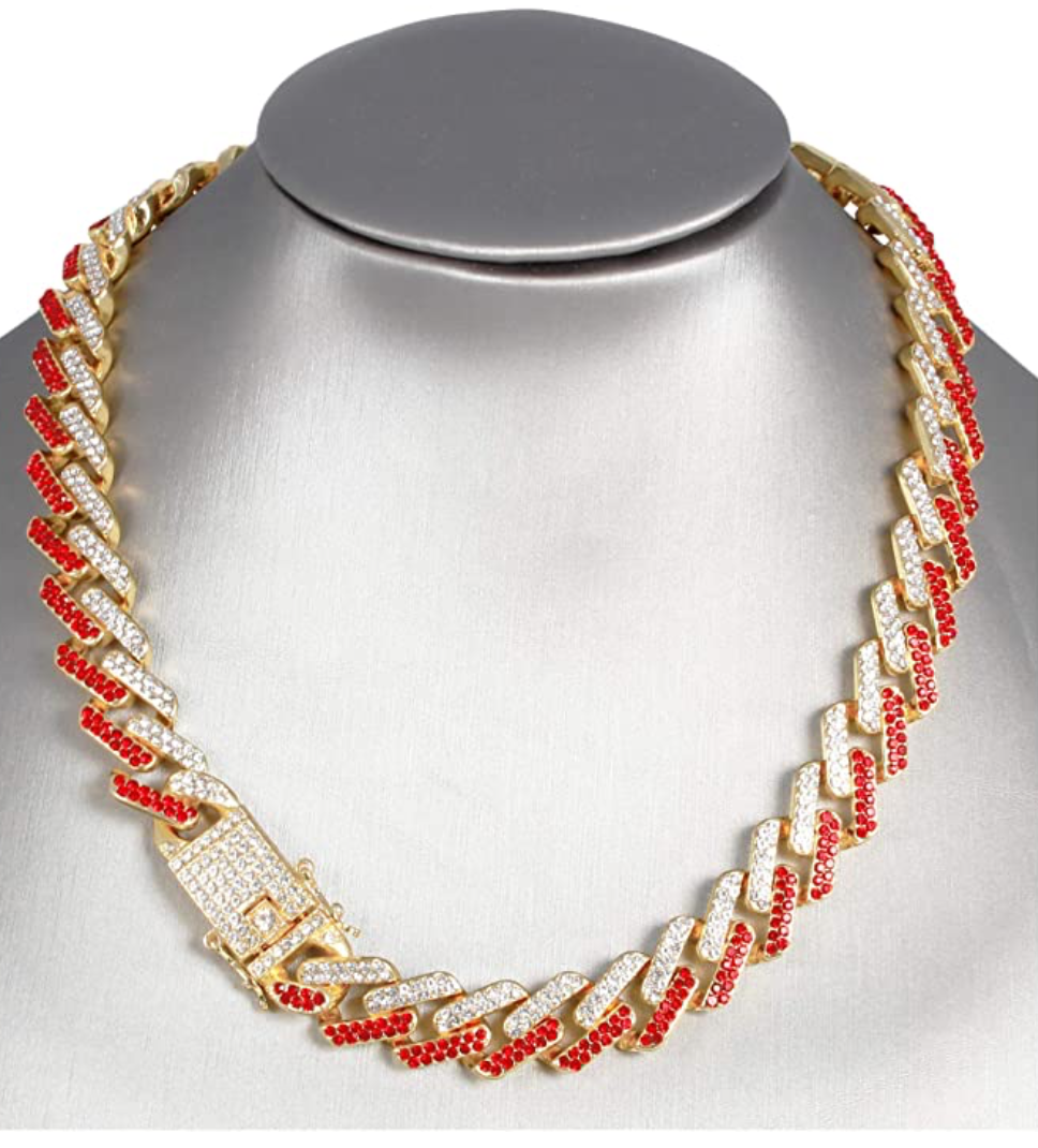 Red Simulated Diamond Cuban Link Chain Set Spike Necklace 24in.