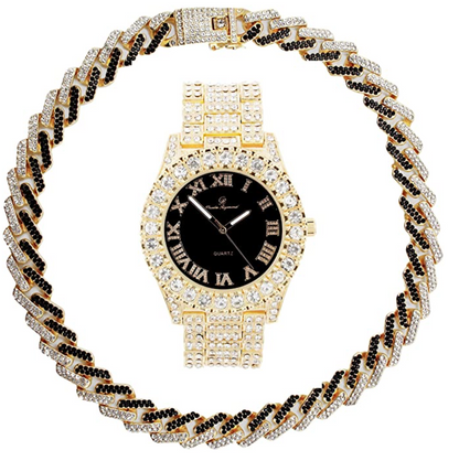 Red Face Watch Gold Color Simulated Diamond Cuban Link Chain Set Spike Necklace Bust Down Hip Hop Watch Bundle