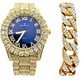 Red Face Watch Gold Color Simulated Diamond Watch Set Cuban Link Bracelet Hip Hop Blue Watch Bling Jewelry Gift Bundle