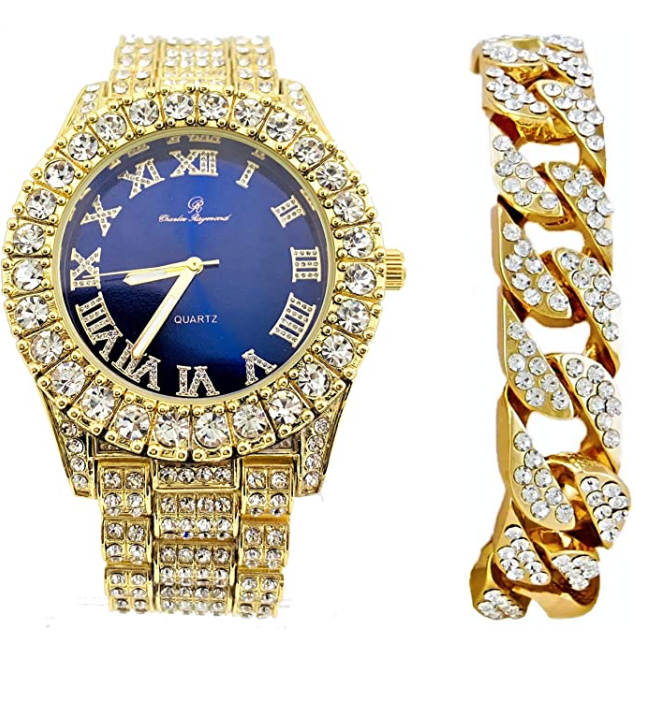 Silver Color Watch Simulated Diamond Red Face Watch Set Cuban Link Bracelet Hip Hop Watch Blue Bling Jewelry Gift Bundle