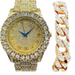Red Face Watch Gold Color Simulated Diamond Watch Set Cuban Link Bracelet Hip Hop Blue Watch Bling Jewelry Gift Bundle