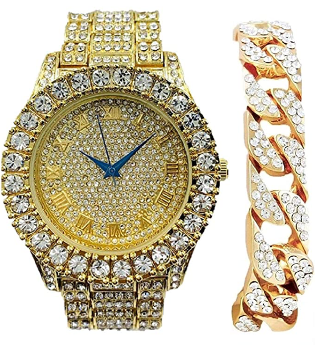 Silver Color Watch Simulated Diamond Red Face Watch Set Cuban Link Bracelet Hip Hop Watch Blue Bling Jewelry Gift Bundle