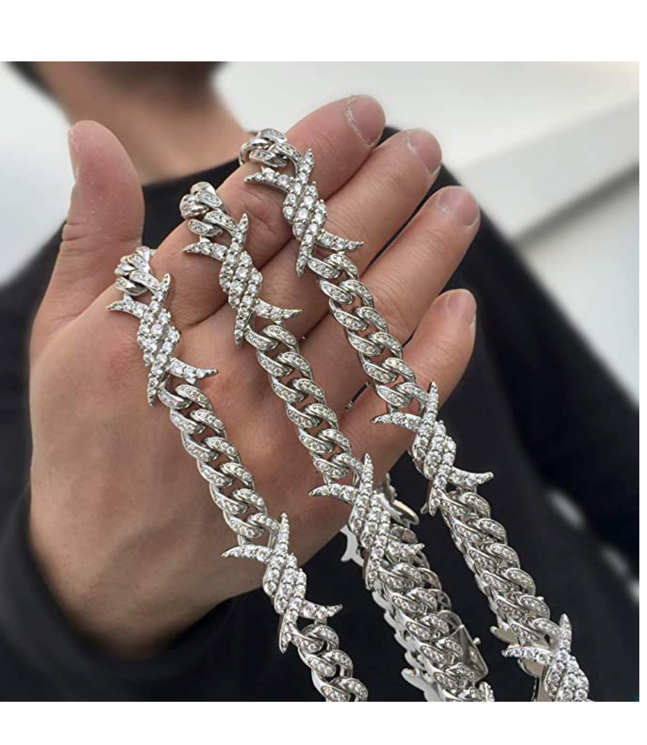 Barbwire Necklace Spike Cuban Link Chain Diamond Mens Hip Hop Rapper Barb Wire Twist Spiked Chain Gold Silver Metal Alloy 16 - 30in.